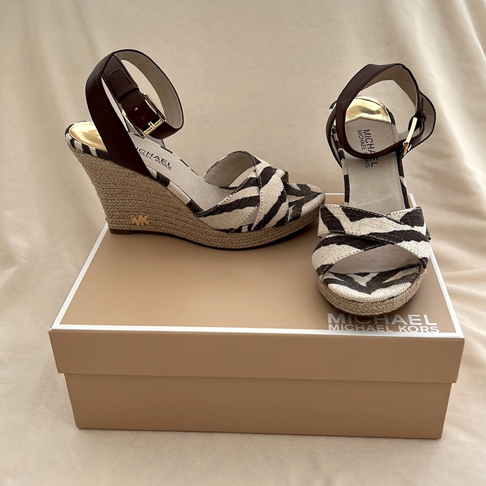 MICHAEL Michael Kors Beige and Dark Brown Wedge Sandals - Picture 3 of 10